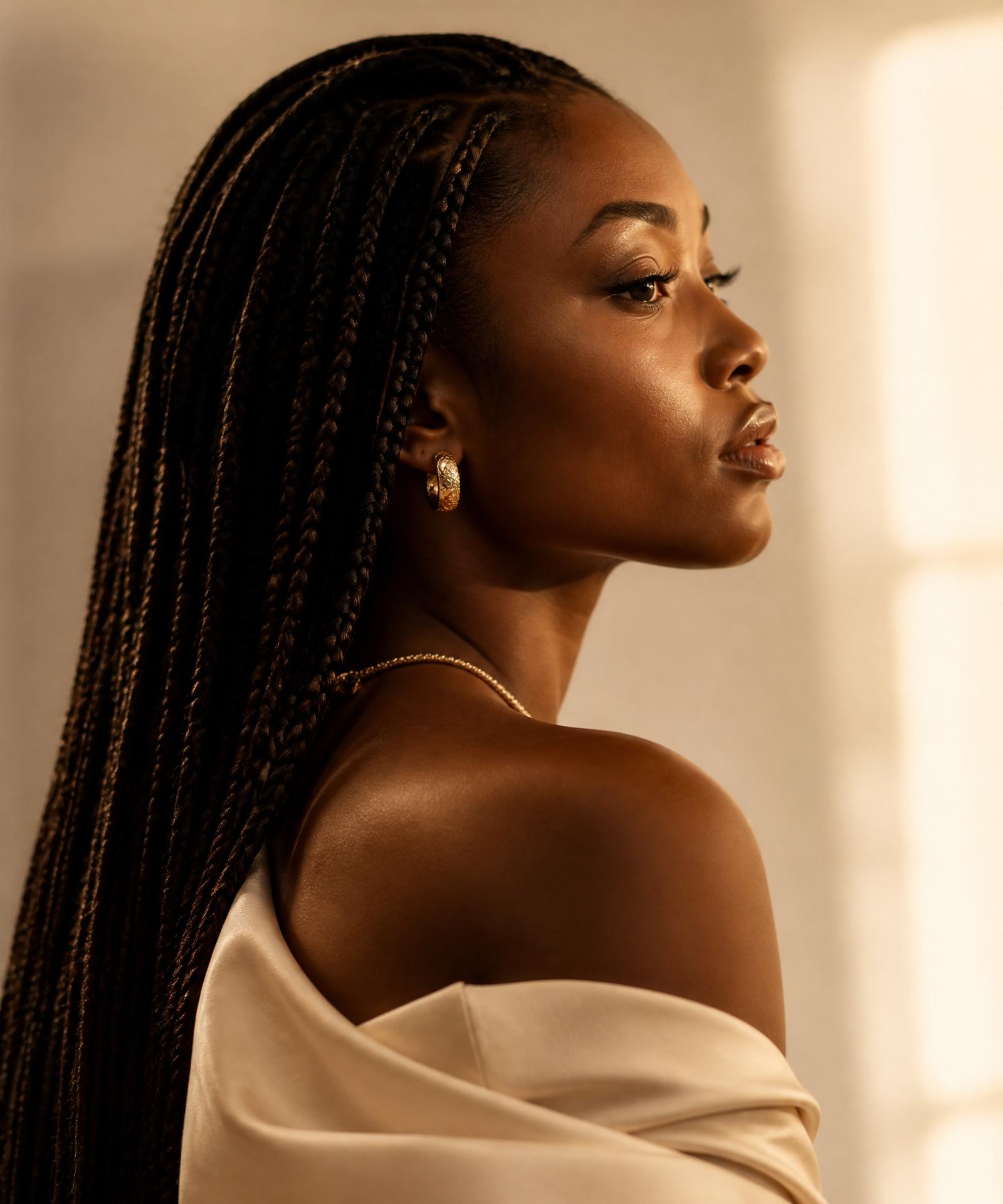 Editorial portrait of a client with long knotless braids